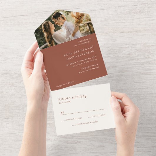 Rustic Copper Photo Editorial Modern Wedding All In One Einladung (Abreißen)