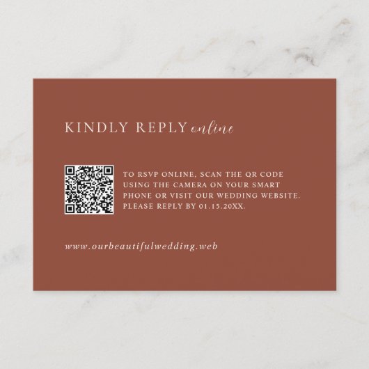 Rustic Copper QR Code Editorial Modern Wedding RSVP Karte (Vorderseite)