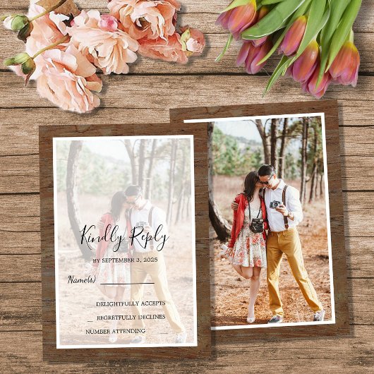 Rustic country barn wood photo wedding RSVP Einladung