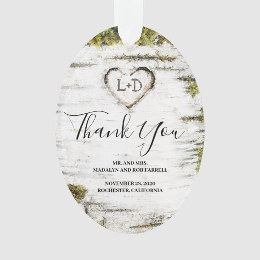 Rustic Country Birch Tree Herz Hochzeit Vielen Dan Ornament (Vorderseite)