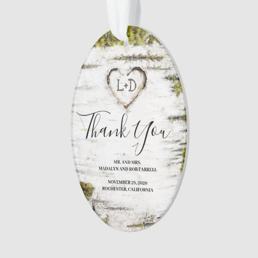 Rustic Country Birch Tree Herz Hochzeit Vielen Dan Ornament (Vorderseite)