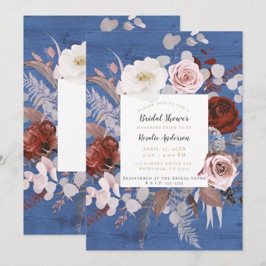 Rustic Country Blue Wood Floral Bloom Bridal Showe Einladung (Vorne/Hinten)