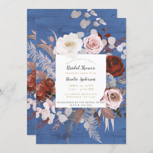 Rustic Country Blue Wood Floral Bloom Bridal Showe Einladung