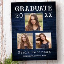 Rustic Country Blue Wood Print 3 Photo Graduation