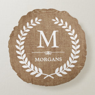 Rustic Country Burlap Chic Laurel Wreath Monogram Rundes Kissen