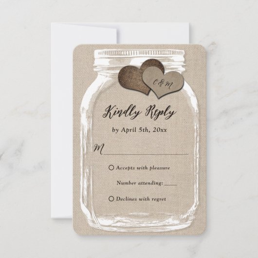 Rustic Country Burlap Heart Mason Jar Wedding RSVP Karte (Vorderseite)