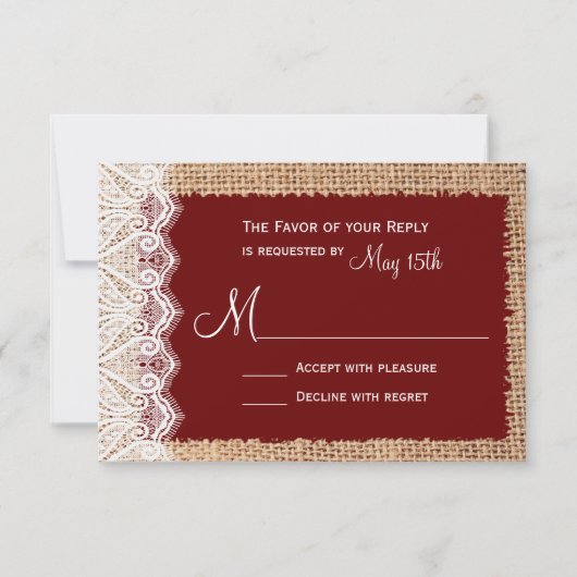 Rustic Country Burlap Lace Red Wedding RSVP Karte (Vorderseite)