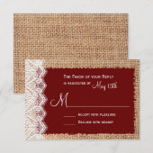 Rustic Country Burlap Lace Red Wedding RSVP Karte (Vorne/Hinten)
