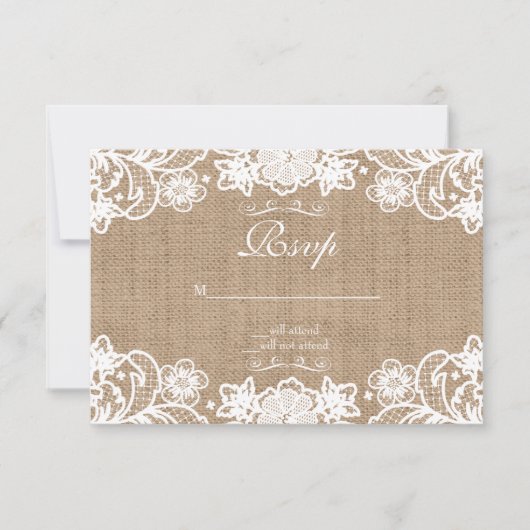 Rustic Country Burlap Lace Wedding RSVP Karte (Vorderseite)