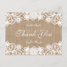 Rustic Country Burlap Lace Wedding Vielen Dank Postkarte