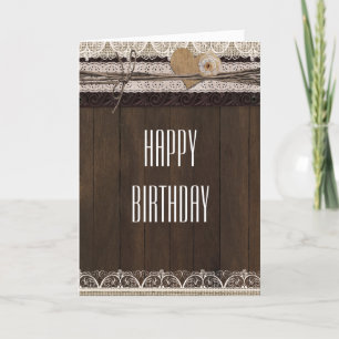 Rustic Country Burlap Lace & Wood Fold Card Karte