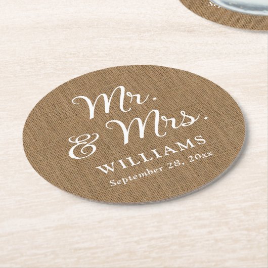 Rustic Country Burlap Mr. und Mrs. Wedding Unterse Runder Pappuntersetzer (Angewinkelt)
