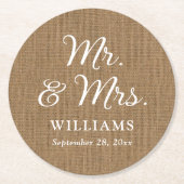 Rustic Country Burlap Mr. und Mrs. Wedding Unterse Runder Pappuntersetzer (Vorderseite)