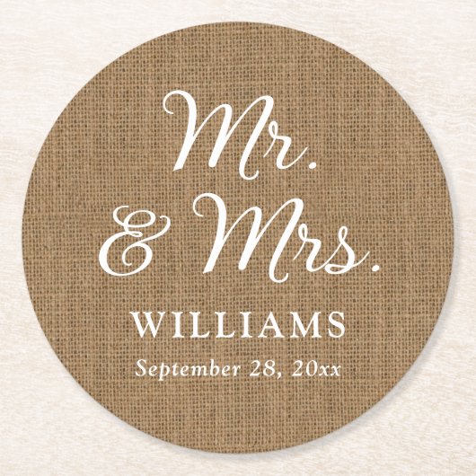 Rustic Country Burlap Mr. und Mrs. Wedding Unterse Runder Pappuntersetzer (Vorderseite)