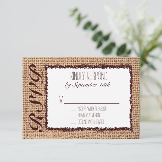 Rustic Country Burlap Print Wedding RSVP Karten