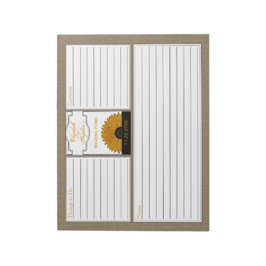 .Rustic Country Burlap Sonnenblumen Hochzeitsplane Notizblock (Rotiert)
