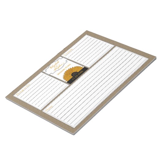 .Rustic Country Burlap Sonnenblumen Hochzeitsplane Notizblock (angewinkelt)