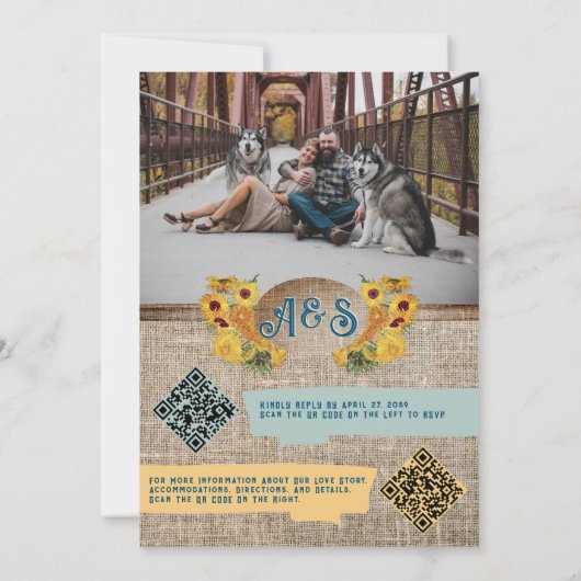 Rustic Country Burlap Van Gogh Sunflowers Wedding Einladung (Rückseite)