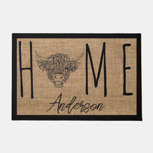 Rustic Country Cool Cow Faux Burlap Family Name Fußmatte (Vorderseite)