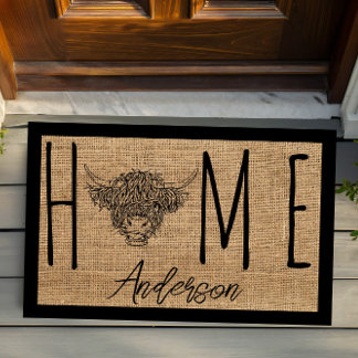 Rustic Country Cool Cow Faux Burlap Family Name Fußmatte