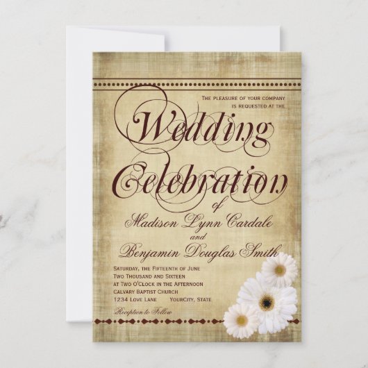 Rustic Country Daisies Vintage Wedding Einladungen (Vorderseite)