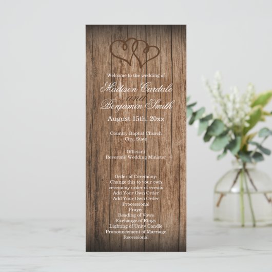 Rustic Country Double Hearts Wood Wedding Programm (Stehend Vorderseite)