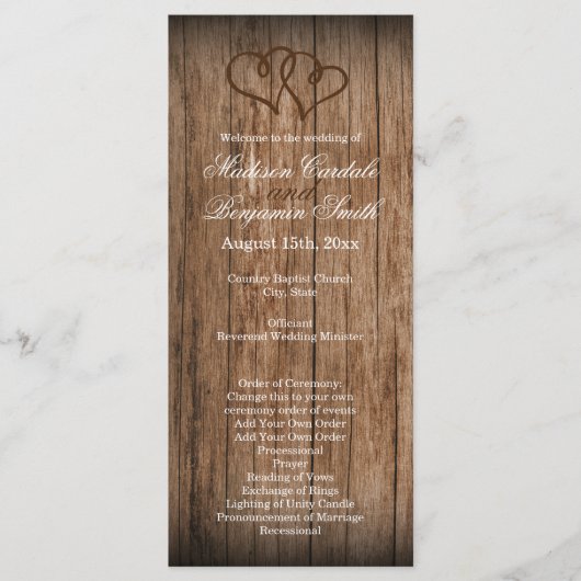 Rustic Country Double Hearts Wood Wedding Programm (Vorderseite)