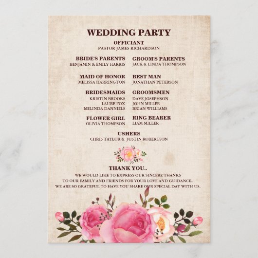 Rustic Country Floral Wedding Program Fan Back Programm (Vorderseite)