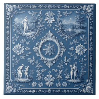 Rustic Country French Toile Heritage Pastoral Blue Fliese