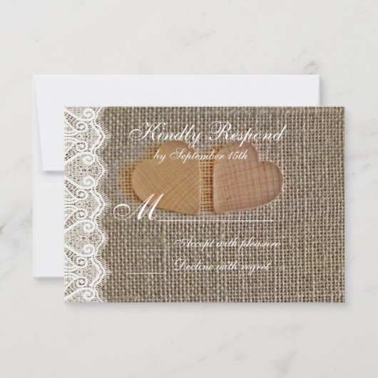 Rustic Country Hearts Burlap Lace Wedding RSVP Karte (Vorderseite)
