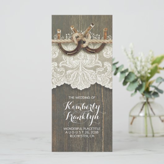 Rustic Country Horseshoes LaceWood Wedding Program Programm (Stehend Vorderseite)