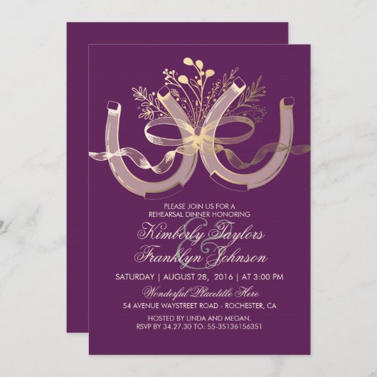 Rustic Country Horseshos Gold Probe Dinner Einladung (Vorne/Hinten)