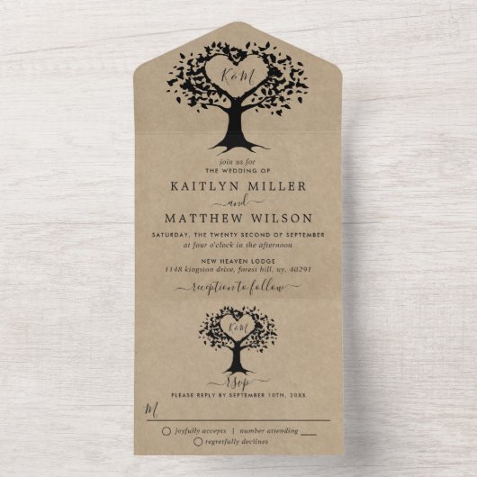 Rustic Country Kraft Monogram Heart Tree Wedding All In One Einladung (Innen Boden)