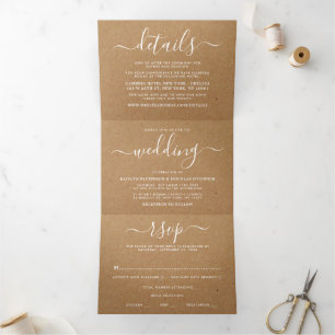 Rustic Country Kraft Simple Script Wedding Suite Dreifach Gefaltete Einladung