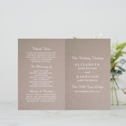 Rustic Country Kraft Wedding Bi-fold Programm (Stehend Vorderseite)