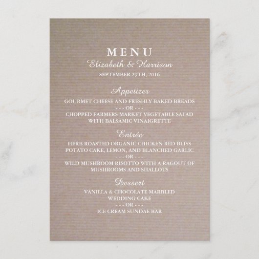 Rustic Country Kraft Wedding Menu Menükarte (Vorderseite)