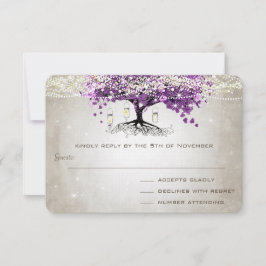 Rustic Country Luxe Lila Heart Leaf Wedding RSVP Karte