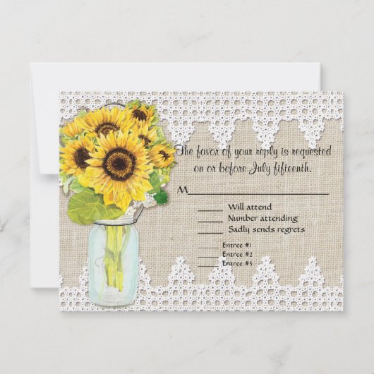 Rustic Country Mason Jar Blume - Sonnenblumenspitz RSVP Karte (Vorderseite)