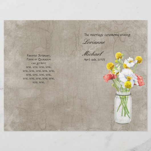 Rustic Country Mason Jar Bouquet Hochzeitsprogramm (Vorderseite)