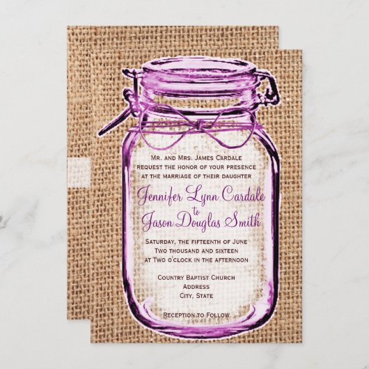 Rustic Country Mason Jar Burlap Einladung Hochzeit (Vorne/Hinten)