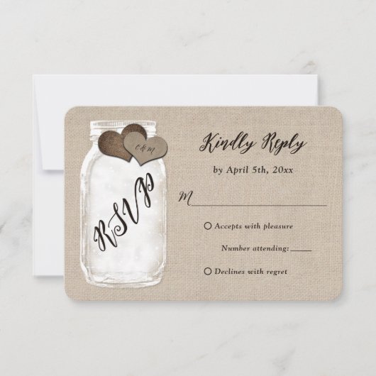 Rustic Country Mason Jar Burlap Wedding RSVP Karte (Vorderseite)