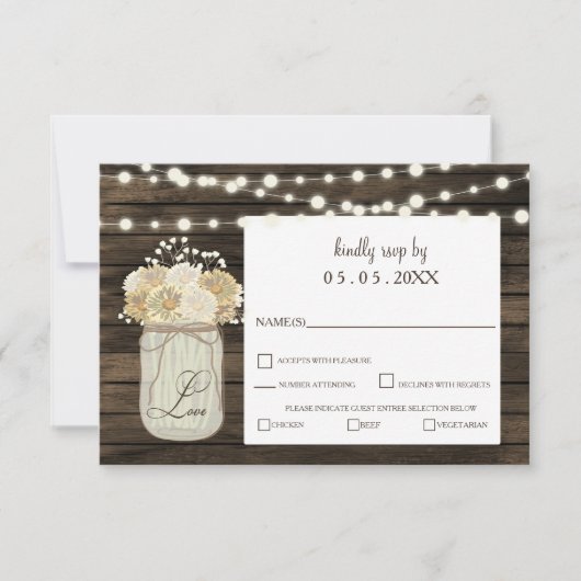 Rustic Country Mason Jar Daisy Barn Wood Wedding RSVP Karte (Vorderseite)