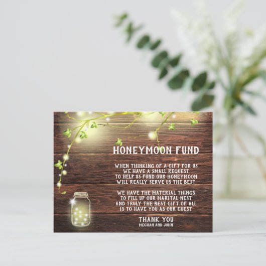 Rustic Country Mason String Lights Honeymoon Fund Postkarte (Stehend Vorderseite)