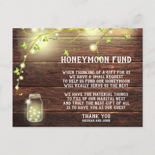 Rustic Country Mason String Lights Honeymoon Fund Postkarte (Vorderseite)