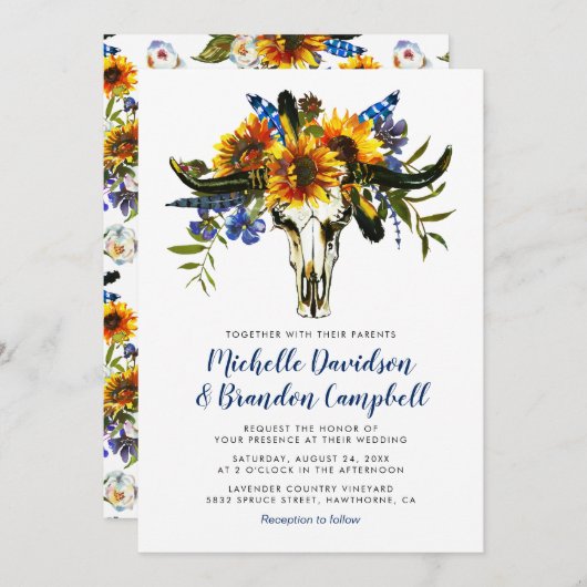 Rustic Country Navy Blauer Sonnenblume Boho Hochze Einladung (Vorne/Hinten)