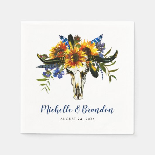 Rustic Country Navy Blauer Sonnenblume Boho Hochze Serviette (Vorderseite)