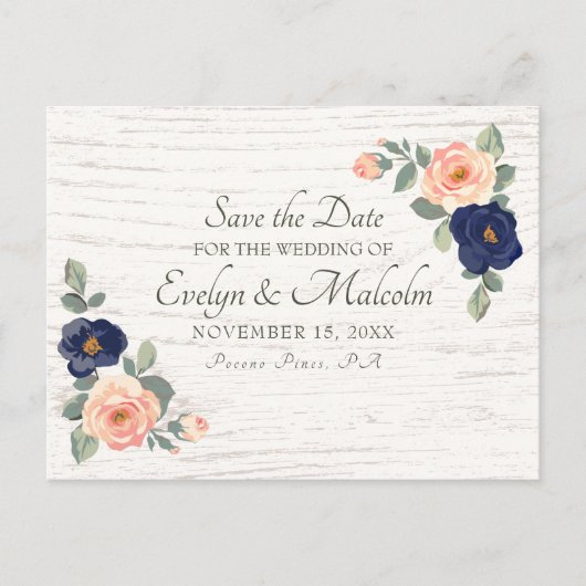 Rustic Country Navy Blue, Peach Floral Wedding STD Ankündigungspostkarte (Vorderseite)