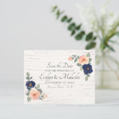 Rustic Country Navy Blue, Peach Floral Wedding STD Ankündigungspostkarte (Stehend Vorderseite)
