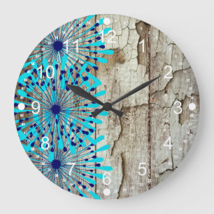 Rustic Country Old Barn Wood Teal Blue Flowers Große Wanduhr
