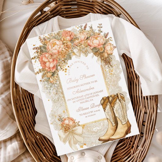 Rustic Country Peony Boots Baby Dusche Folieneinladung